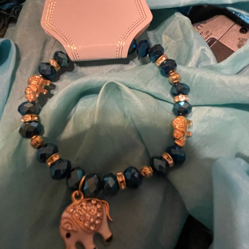 Blue and Gold Beaded Elephant Bracelet